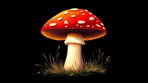 Red fly agaric mushroom illustration on black background.