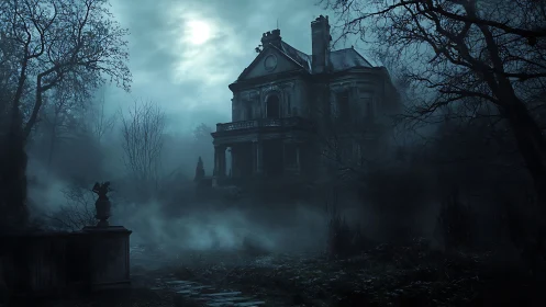 Haunted Victorian manor under moonlit fog in dark forest.