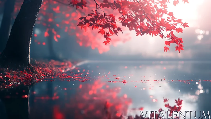Radiant red maple canopy reflected in misted stillwater basin.