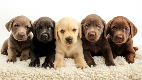 Row of labrador puppies on soft white fleece blanket.