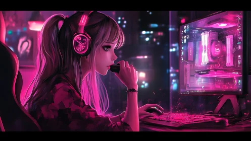 Neon-lit gamer girl focuses on streaming at RGB setup.