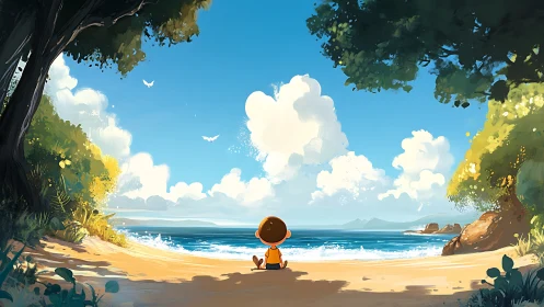 Child Contemplates Endless Ocean Beach Serenity.