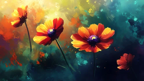 Sunlit poppies drift through a storm of painted color