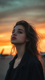 Sunset portrait of thoughtful woman in cinematic light.