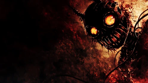 Mechanical figure with glowing eyes in dark red void.