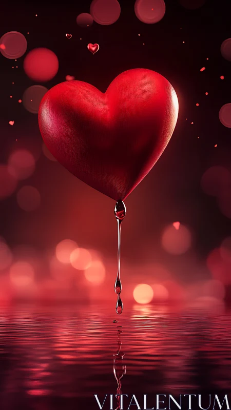 Large red heart-shaped form suspended above water surface
