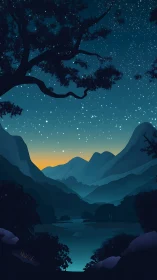 Layered mountain valley under starlit predawn gradient sky
