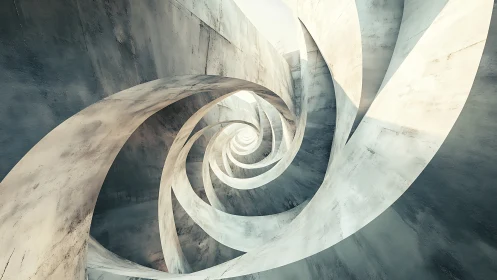 Spiraling concrete tunnel forms sculpt dynamic light paths.