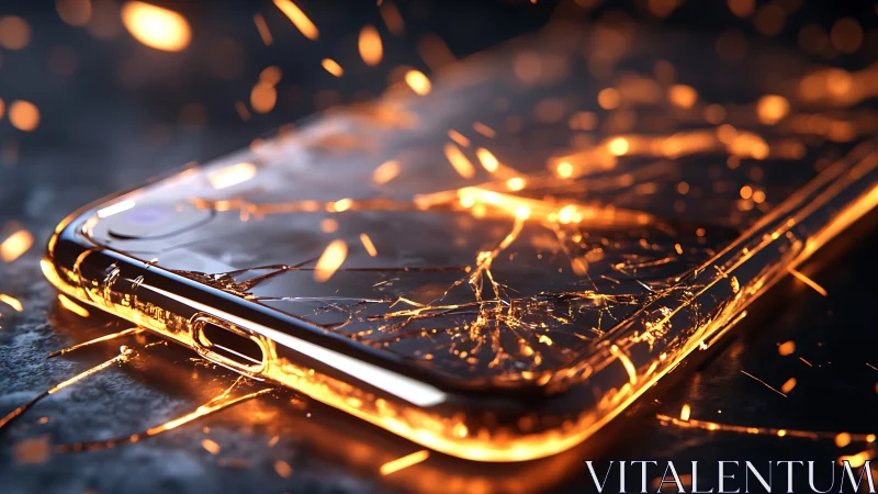 High-detail smartphone glass fracture with glowing thermal sparks