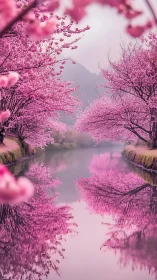 Cherry blossom river glows softly beneath misty spring mountains