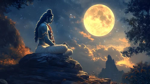 Moonlit meditation with a serene blue mystic figure.