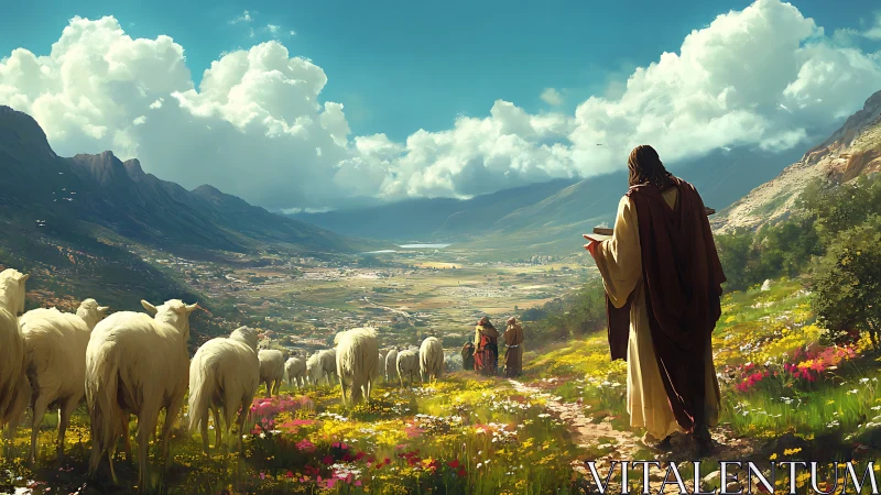 Shepherd guide leading flock through bright mountain valley.