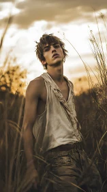 Cinematic dusk portrait of youth in sepia-toned grassland.