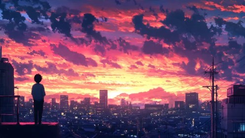 Backlit rooftop figure observing high-contrast urban sunset sky