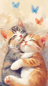 Tabby and Orange Cats Embrace with Butterflies in Warm Light.