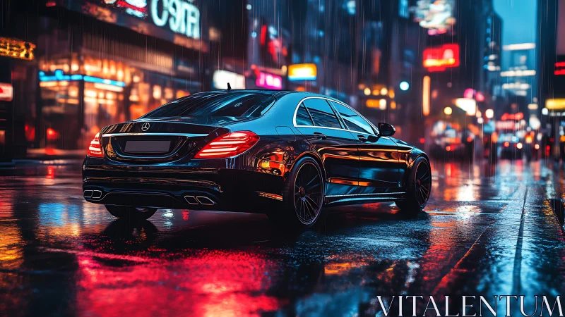 Black luxury sedan glows on neon city street in rain.