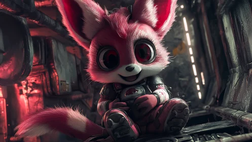 Cute pink alien fox in armored suit on sci fi ship.