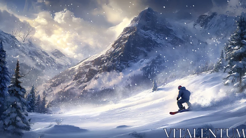 Snow-carving rider beneath storm-bright alpine giants.