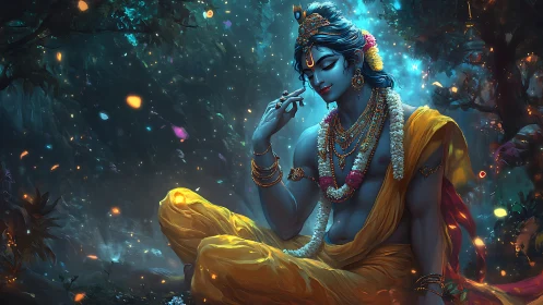 Luminous divinity in forest glade with spectral particle bloom.