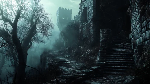 Moonlit ruins along a misty fortress stairway path.
