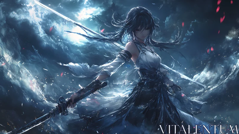 Stormlit blade dancer in a midnight sea of shattered sky.