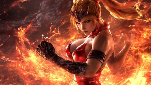 Fiery warrior channels blazing power in molten battleground.