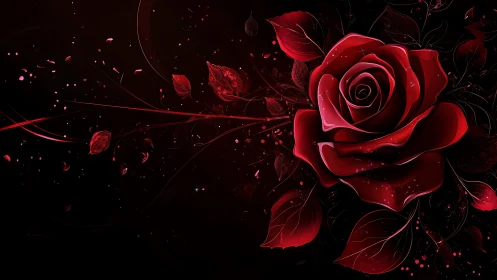 Digital render of red rose with particle effects on black background
