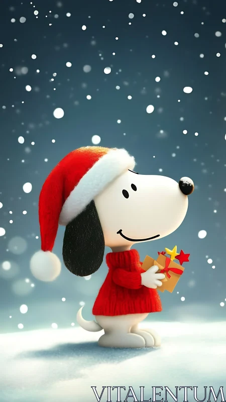 3D holiday beagle character in snow with gift box profile.