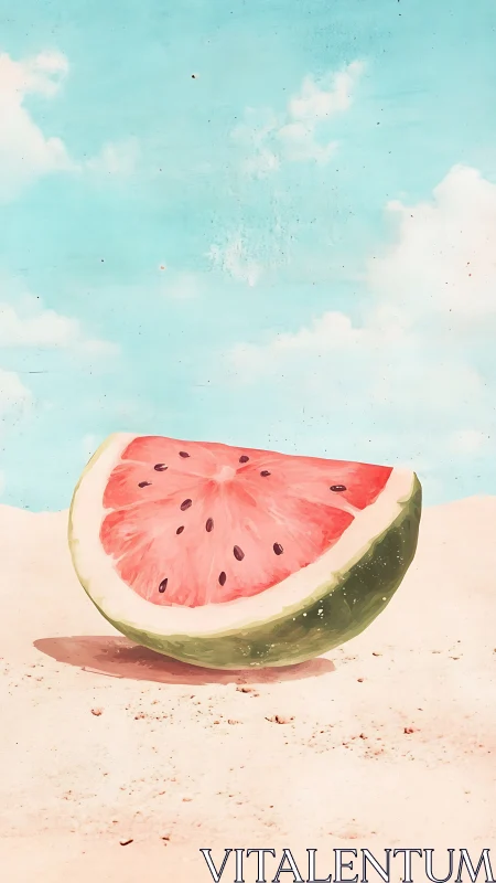 Digital painting of beachside watermelon slice composition.