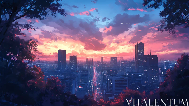 City skyline at dusk viewed from hillside with vivid sky.