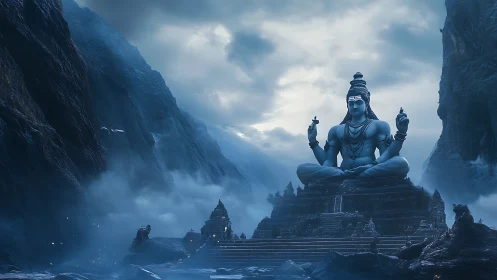 Majestic mountain deity watches calmly over misty valley