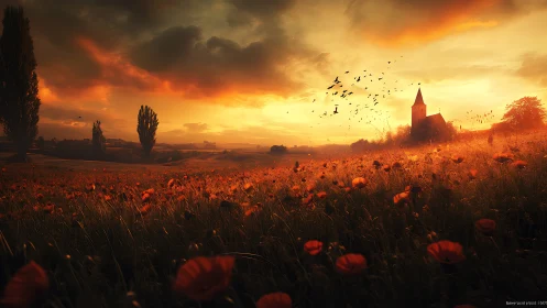Sunset over rural poppy field with distant church silhouette.
