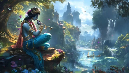 Blue-skinned figure plays flute beside river in misted valley