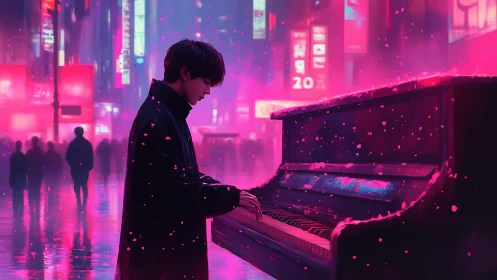Solitary pianist performs under neon-lit city snowfall