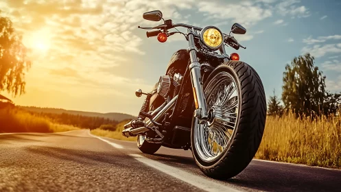 Low angle cruiser motorcycle on open country road at sunset.