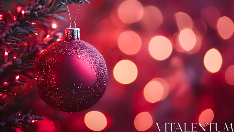 Red Christmas ornament hangs before glowing holiday bokeh