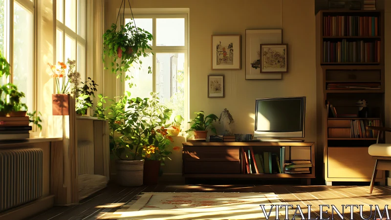 Sunlit botanical living room with mid-century furnishings.