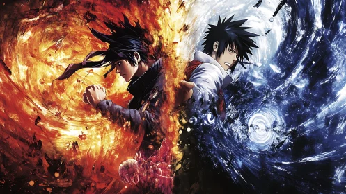 Fiery hearts and tidal wills colliding in anime dueling spirits.