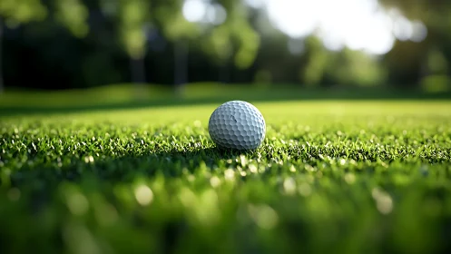 Golf ball in shallow-focus sunlight on manicured fairway.