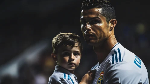 Soccer player holds young child under stadium lights.