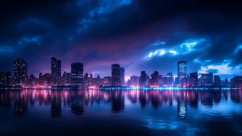 Neon skyline glows over reflective midnight harbor water.