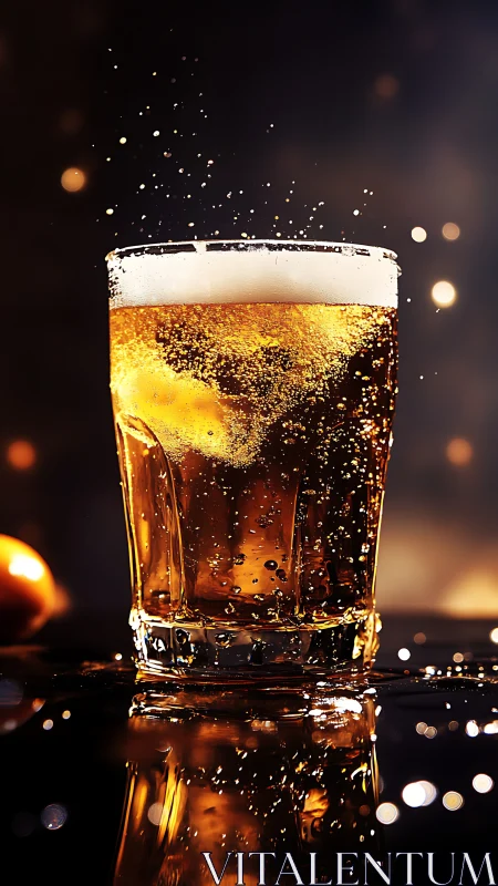 Carbonated beverage glass with dynamic foam eruption and bokeh lighting.