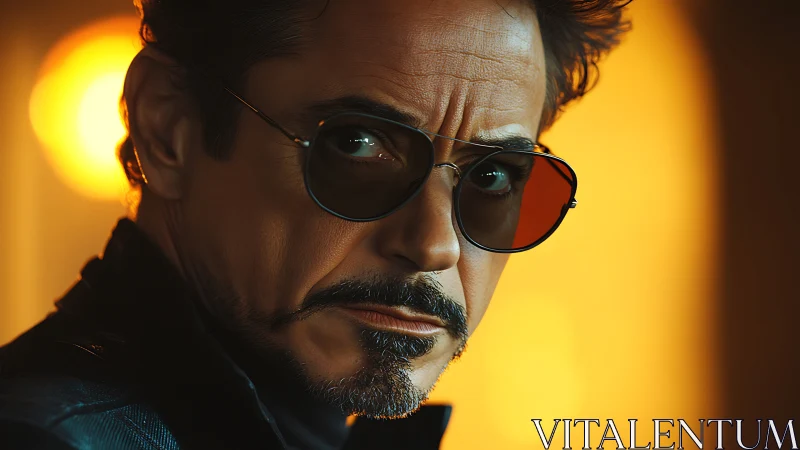 Intense sunglasses portrait glows against cinematic amber light