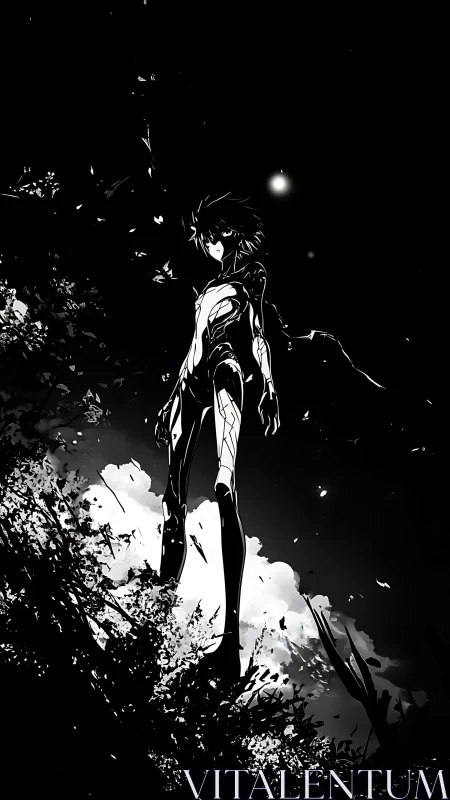 Stark monochrome warrior silhouetted against fractured sky.
