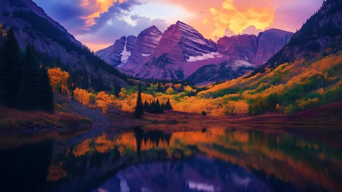 Glowing mountain sunset bathes autumn valley in soft color