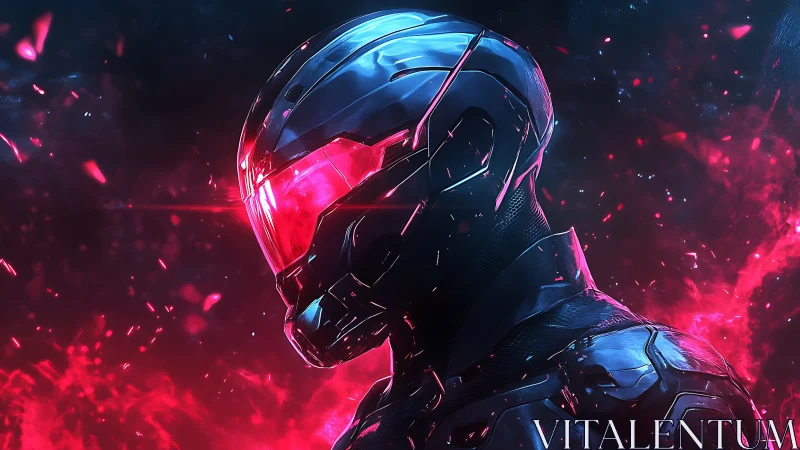 Futuristic armored soldier with glowing red visor in neon haze.