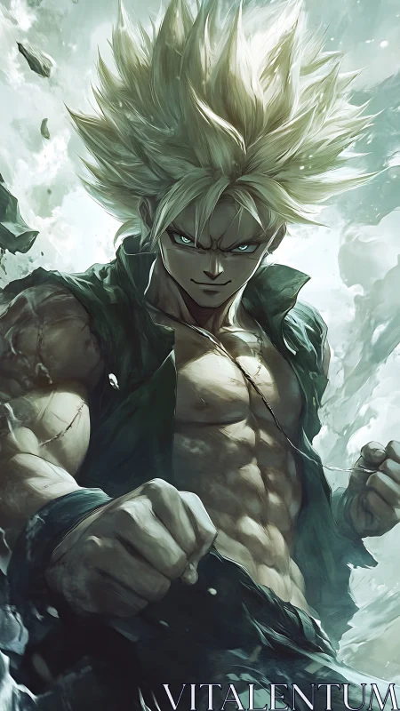 Muscular anime fighter stands in dynamic frontal pose