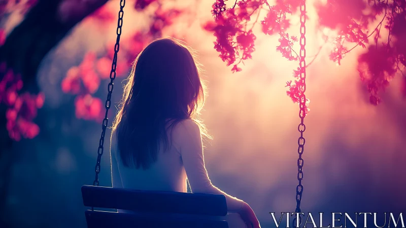 Soft dusk cradles a girl on a swing beneath blooming light