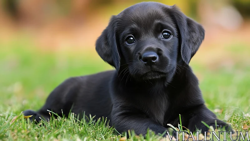 Black labrador puppy rests on grass with soulful gaze.
