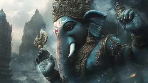 Elephant-headed deity statue before misty stone temples.